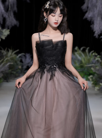 Cute Black A-Line Spaghetti Strap Satin Long Birthday Dress with Embroidery and Tulle RS007