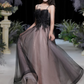 Cute Black A-Line Spaghetti Strap Satin Long Birthday Dress with Embroidery and Tulle RS007