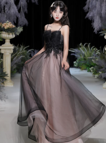 Cute Black A-Line Spaghetti Strap Satin Long Birthday Dress with Embroidery and Tulle RS007