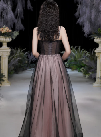 Cute Black A-Line Spaghetti Strap Satin Long Birthday Dress with Embroidery and Tulle RS007