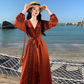 Travel wear retro ethnic style one-piece dress long sleeve seaside holiday wrap dress R1626