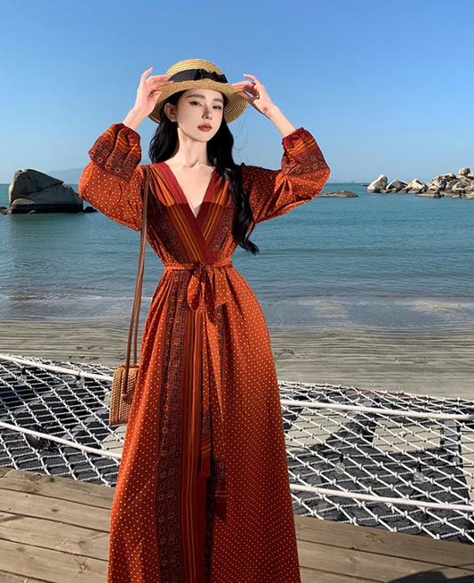 Travel wear retro ethnic style one-piece dress long sleeve seaside holiday wrap dress R1626