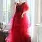 Elegant Hot Red Long Dress A-Line Jewel Chiffon Prom Dress Birthday Dess with Cascade Tulle RS014
