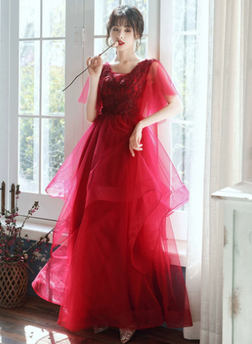 Elegant Hot Red Long Dress A-Line Jewel Chiffon Prom Dress Birthday Dess with Cascade Tulle RS014