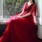 Elegant Hot Red Long Dress A-Line Jewel Chiffon Prom Dress Birthday Dess with Cascade Tulle RS014