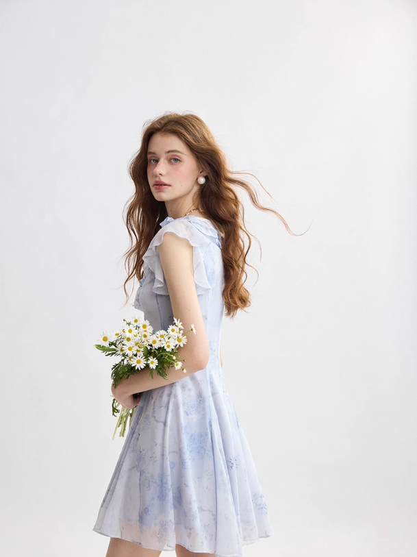 French ruffle dress high-end mini skirt floral skirt holiday style R2757