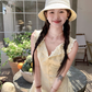 Yellow sleeveless waist a-line dress women's summer French temperament skirt R4622