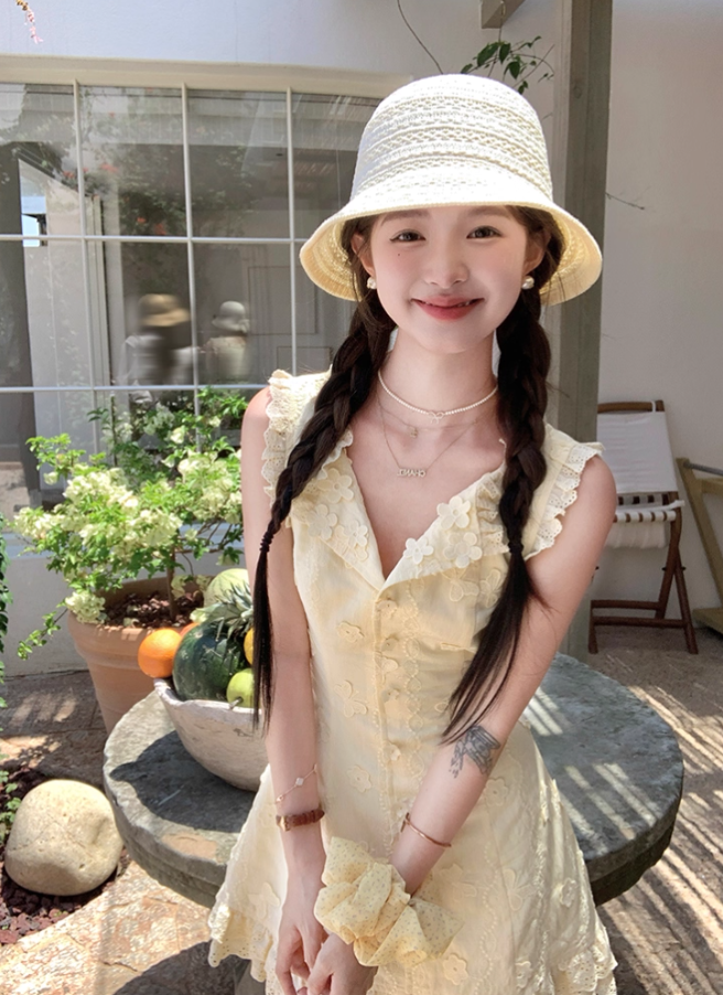 Yellow sleeveless waist a-line dress women's summer French temperament skirt R4622