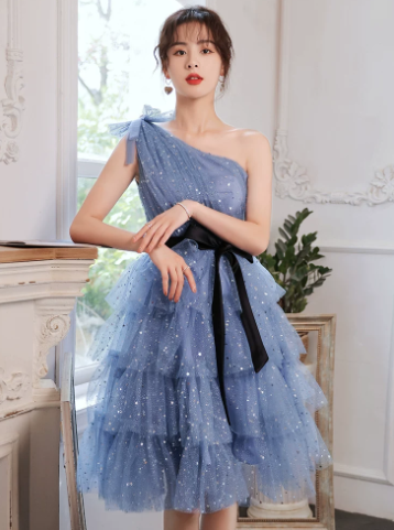 Cute Princess Style Dress A-Line One Shoulder Tulle  Birthday Dress with Bow-knot Waist RS009
