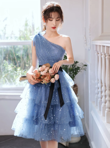 Cute Princess Style Dress A-Line One Shoulder Tulle  Birthday Dress with Bow-knot Waist RS009