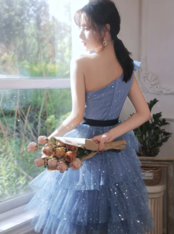 Cute Princess Style Dress A-Line One Shoulder Tulle  Birthday Dress with Bow-knot Waist RS009