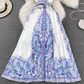 Retro palace style goddess style single-breasted lapel print dress elegant A-line long skirt R0361