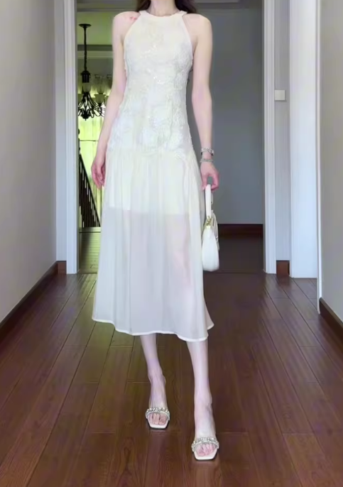 Jacquard sleeveless halter dress cool and gentle temperament waist A-line long skirt R0857