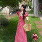 Pink checkered puff sleeves slim waist A-line maxi homecoming dress R4088