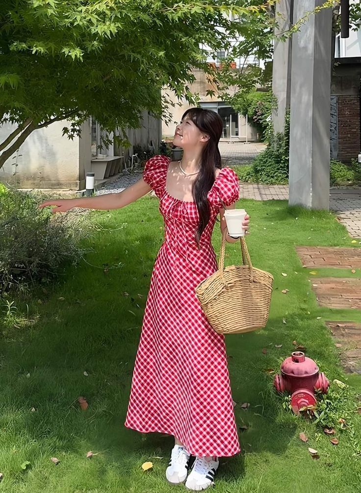 Pink checkered puff sleeves slim waist A-line maxi homecoming dress R4088