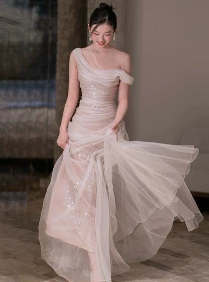French retro Bateall One Shoulder Tulle Long Wedding Dress with Draped Fold for women RS011