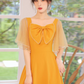Elegant Yellow A-Line Square Neckline Satin Prom Dress with Bow-knot for women RS005