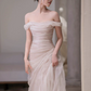 French retro Bateall One Shoulder Tulle Long Wedding Dress with Draped Fold for women RS011