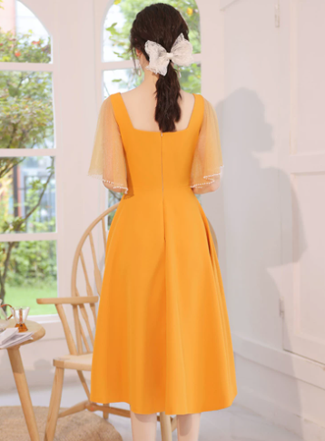 Elegant Yellow A-Line Square Neckline Satin Prom Dress with Bow-knot for women RS005