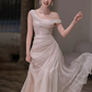 French retro Bateall One Shoulder Tulle Long Wedding Dress with Draped Fold for women RS011