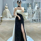 Elegant Black and White Long Dress Sheath Strapless Satin Prom Dress Bridesmaid Dress with Big Bow-knot RS015