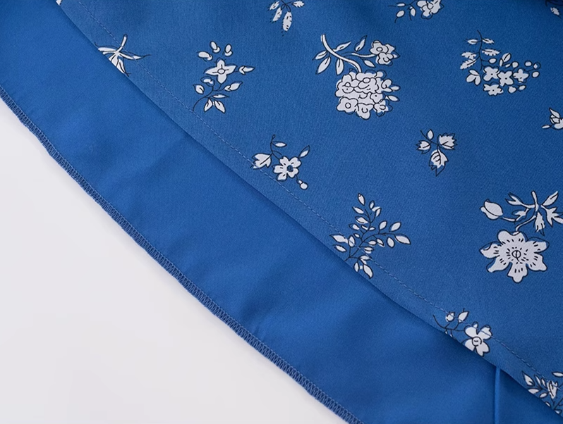 2025 Summer New Retro Blue Floral Ruffle Waist V-Neck Holiday Dress R0976