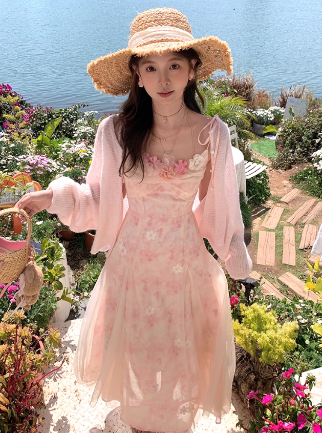 Pink long atmospheric mesh halter dress for women, a summer French retro slimming dress R4788