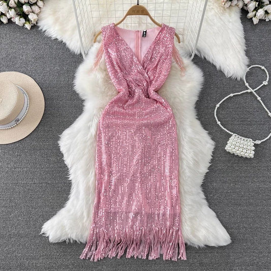 French Chic Pink Sheath V Neck Satin Dress with Tassel Prom Dress Party Dress RS018