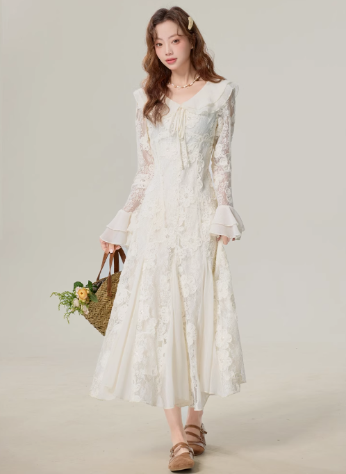 Temperament gentle style apricot long-sleeved dress super fairy fishtail skirt R1914