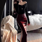 Royal sister style one shoulder hollow bottoming shirt 2025 sexy hip leather skirt suit R1400