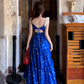 Lace stitching U-neck floral long dress French romantic holiday Klein blue suspender dress R1727