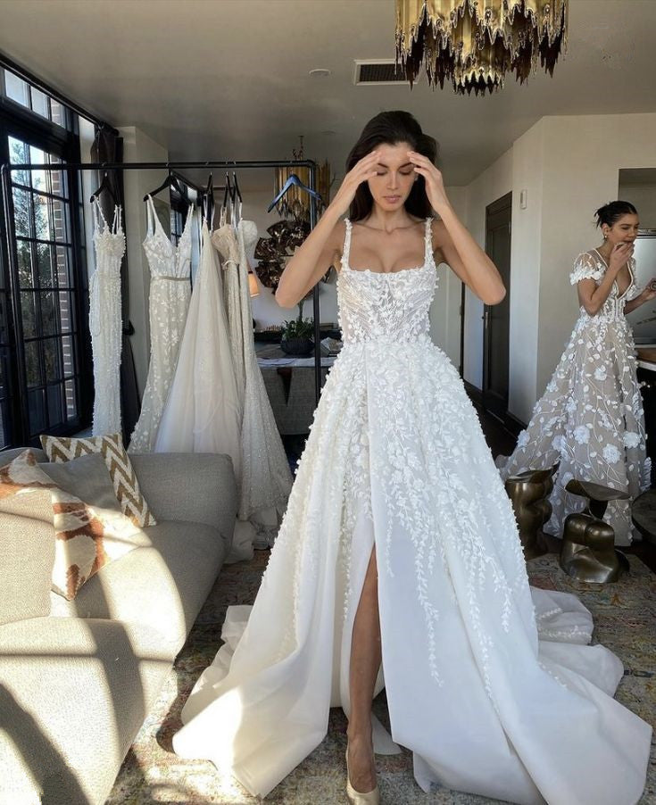 A Line Straps Long Wedding Dress with Lace Appliques, Gorgeous Bridal Gown with Slit       S6738