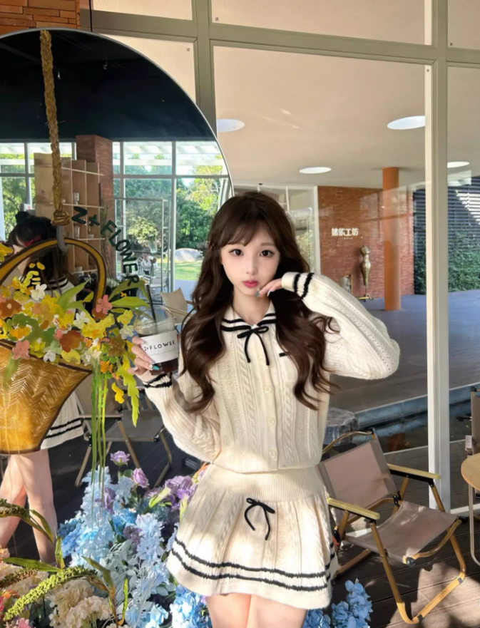 College style doll collar long-sleeved knitted cardigan 2025 contrast color A-line skirt suit R1292