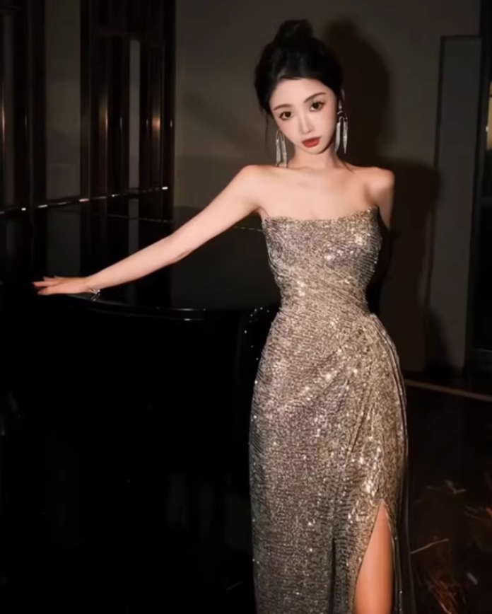 Toast dress birthday dress small dress niche high-end temperament heavy sequin tube top dress R1786