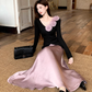 Fairy three-dimensional rose French top high waist A-line skirt gentle outfit two-piece suit R1702