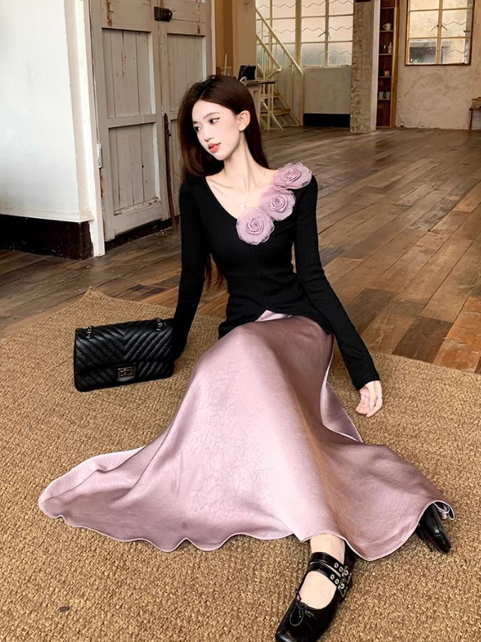 Fairy three-dimensional rose French top high waist A-line skirt gentle outfit two-piece suit R1702