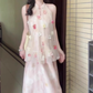 Pink buttoned mesh halter neck dress gentle temperament loose A-line long skirt R0751