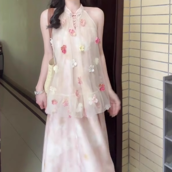 Pink buttoned mesh halter neck dress gentle temperament loose A-line long skirt R0751