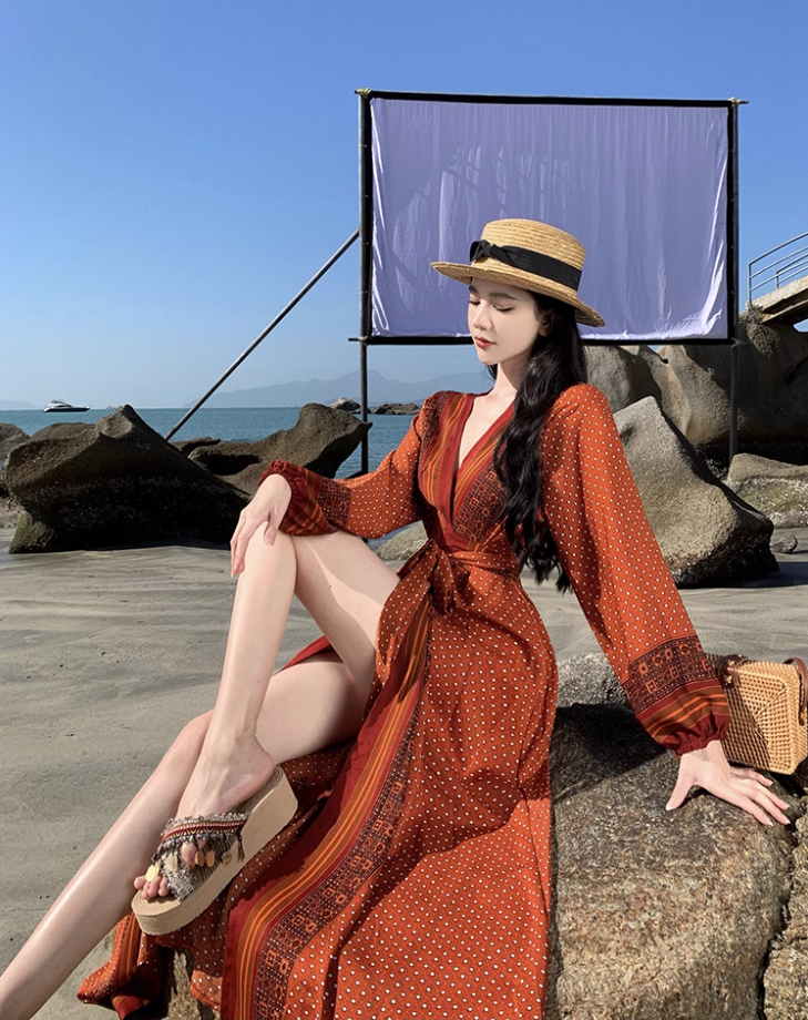 Travel wear retro ethnic style one-piece dress long sleeve seaside holiday wrap dress R1626
