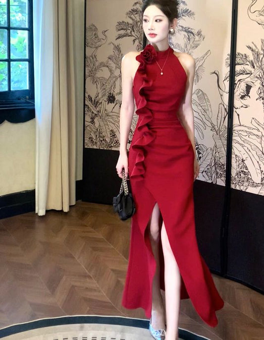 French Retro Red  Long Sheath High Collar Satin Dress with High-Slit Prom Dress Celebrity Dress RS021