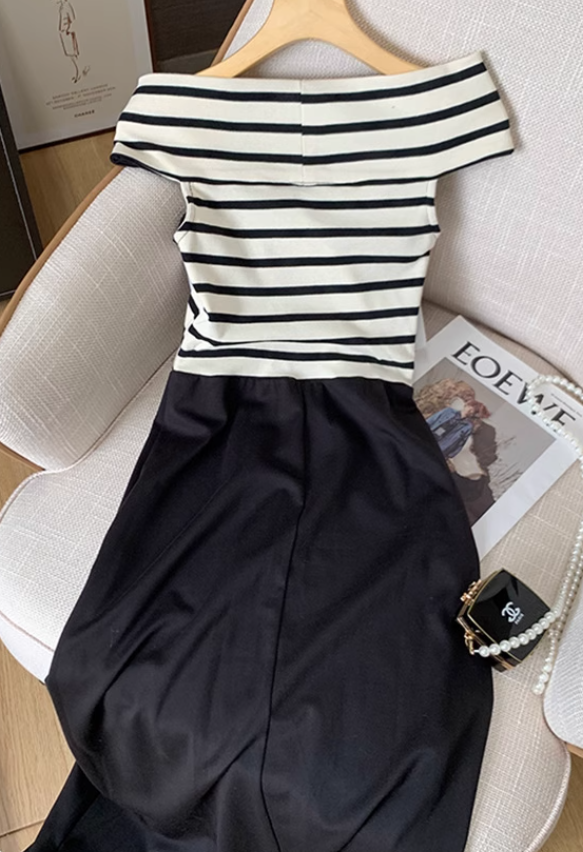 Navy collar gentle style dress women's new black and white waist temperament dress long skirt R3998