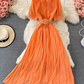 2025 Puff Sleeve Lapel Pleated Polka Dot Dress Waist Slimming Long Swing Dress Short Sleeve R0382