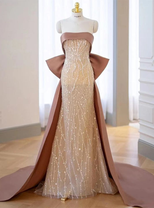 French Retro Light Ivory Long Sheath Strapless Chiffon Dress with Beaded and Bow-knot Prom Dress Celebrity Dress RS022