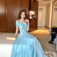 Blue long waist suspender dress women's summer French retro thousand gold skirt R4624