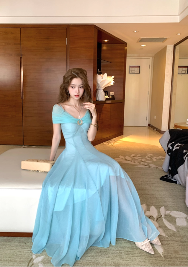 Blue long waist suspender dress women's summer French retro thousand gold skirt R4624