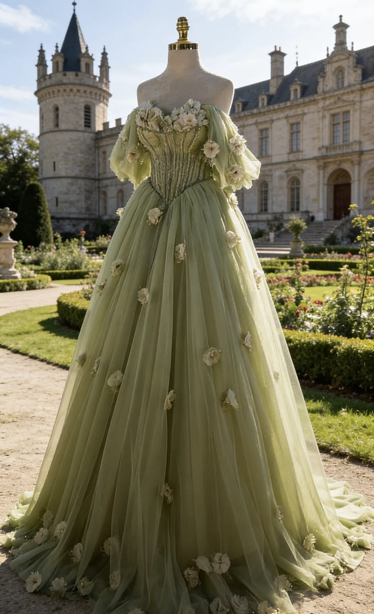 Romantic floral Bud Green A-Line Strapless Long Dress with Applique and Tulle Birthday Dress Quinceanera Dress RS023