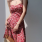 Retro girl red floral suspender skirt slim fit waist strappy short skirt holiday dress R2804