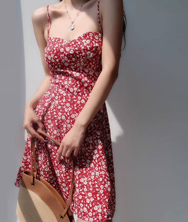Retro girl red floral suspender skirt slim fit waist strappy short skirt holiday dress R2804
