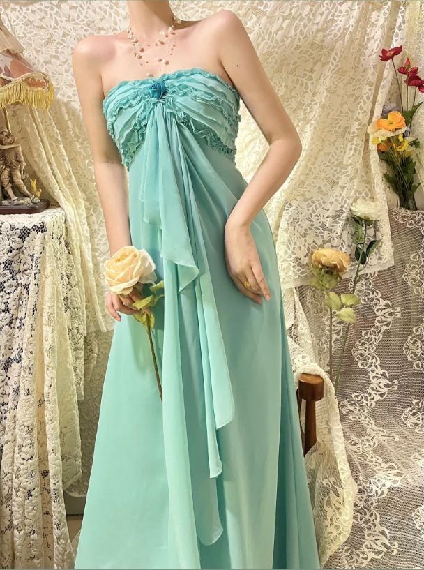 Casual and Resort Green A-Line One-shoulder Dress with Bow-knot Strapless Summer Dress Party Dress RS024