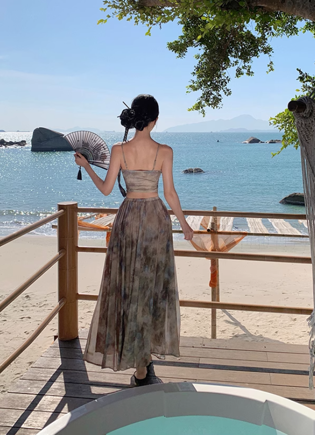 Travel wear tie-dye skirt a-line skirt temperament tube top suit women's two-piece suit R1571